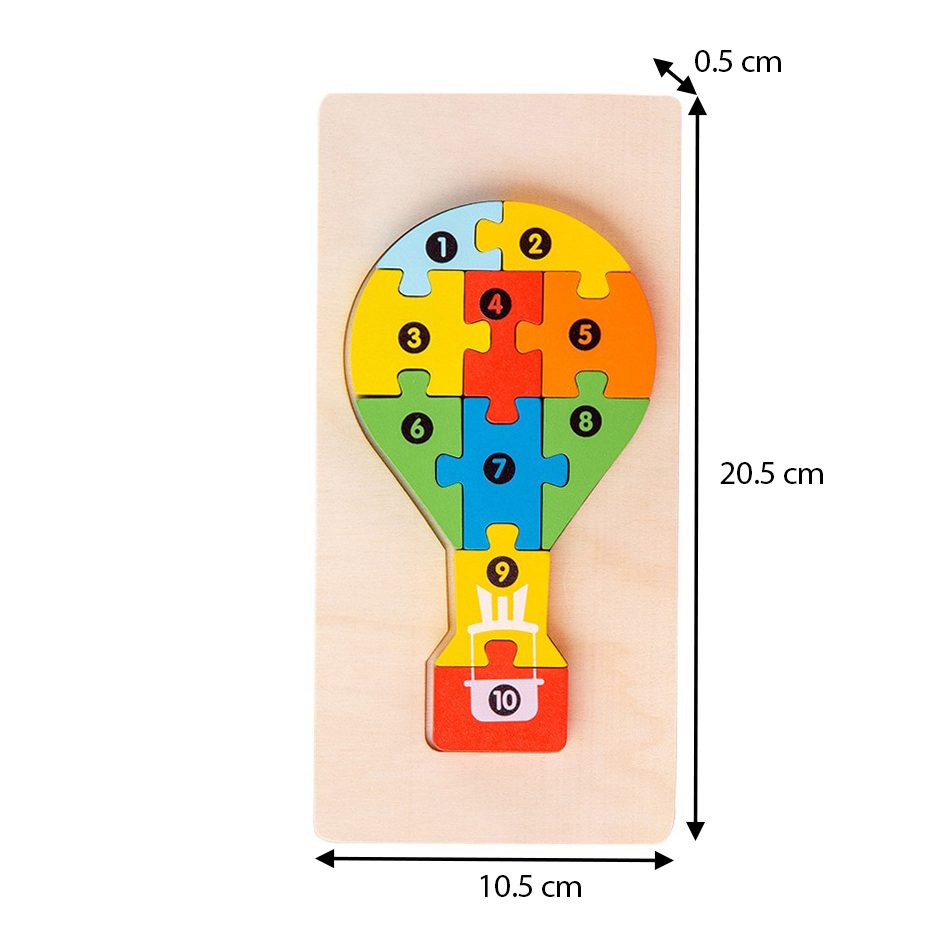 Puzzle din Lemn 3D Montessori, Jucarie Educativa si Interactiva, Dezvolta Motricitatea si Logica, Lemn Natural cu Vopsea Ecologica, Model Balon cu Aer Cald, 11 Piese, Multicolor, 0-3 Ani