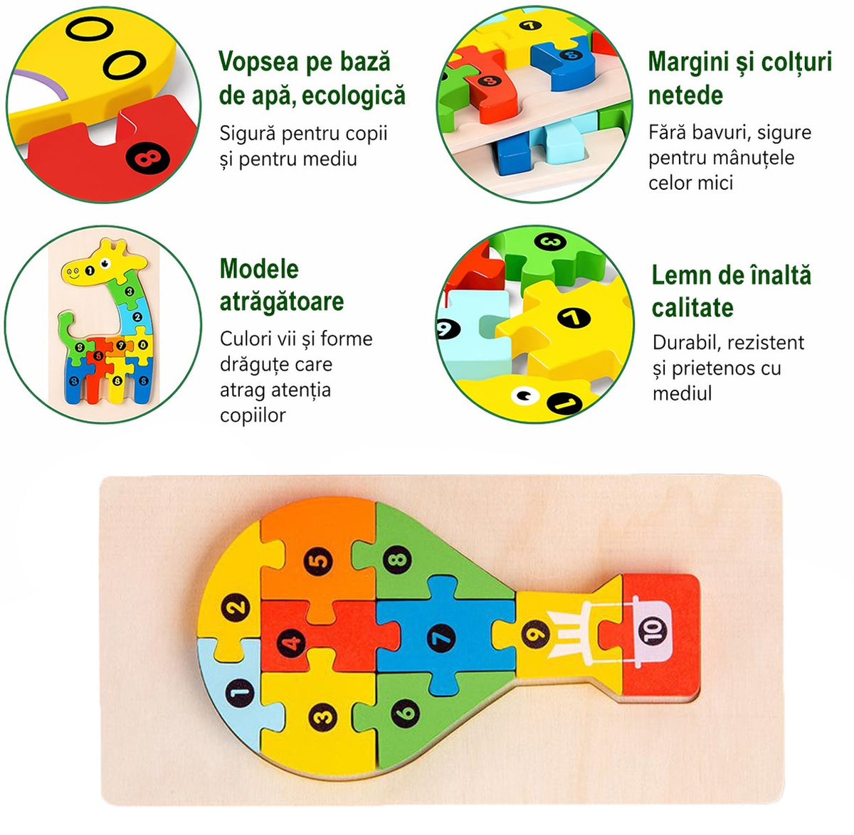 Puzzle din Lemn 3D Montessori, Jucarie Educativa si Interactiva, Dezvolta Motricitatea si Logica, Lemn Natural cu Vopsea Ecologica, Model Balon cu Aer Cald, 11 Piese, Multicolor, 0-3 Ani