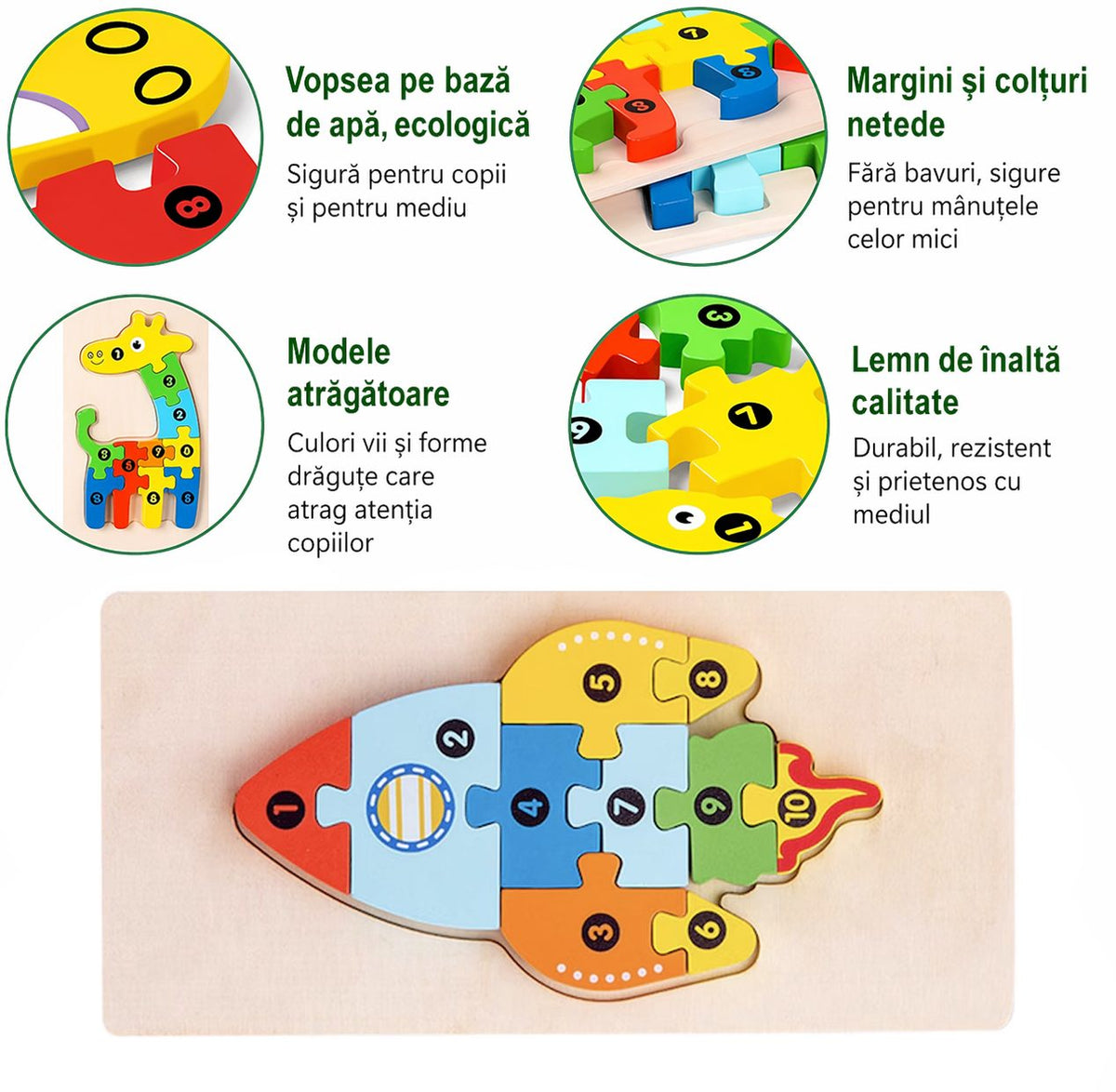 Puzzle din Lemn 3D Montessori, Jucarie Educativa pentru Motricitate Fina si Coordonare, Lemn Solid, Model Racheta, 11 Piese, 0-3 Ani, Multicolor