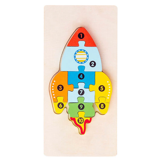 Puzzle din Lemn 3D Montessori, Jucarie Educativa pentru Motricitate Fina si Coordonare, Lemn Solid, Model Racheta, 11 Piese, 0-3 Ani, Multicolor