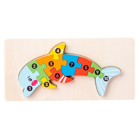Puzzle din Lemn 3D Montessori, Jucarie Educativa pentru Dezvoltarea Motricitatii, Lemn Natural cu Vopsea Ecologica, 11 Piese, Model Delfin, Multicolor, 0-3 Ani
