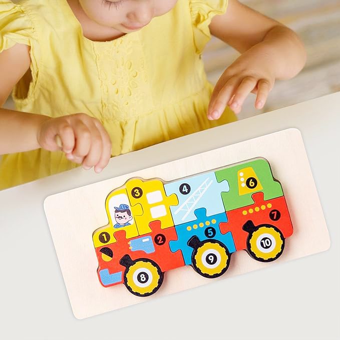 Puzzle din Lemn 3D Montessori, Jucarie Educativa Dezvoltare Motricitate si Logica, Lemn Natural cu Vopsea Ecologica, Model Vehicul Constructii, 11 Piese, 0-3 Ani, Multicolor