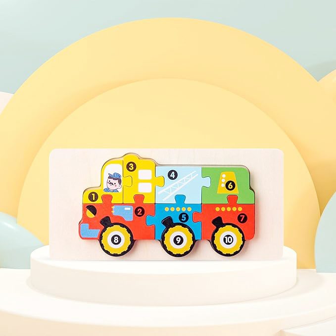 Puzzle din Lemn 3D Montessori, Jucarie Educativa Dezvoltare Motricitate si Logica, Lemn Natural cu Vopsea Ecologica, Model Vehicul Constructii, 11 Piese, 0-3 Ani, Multicolor