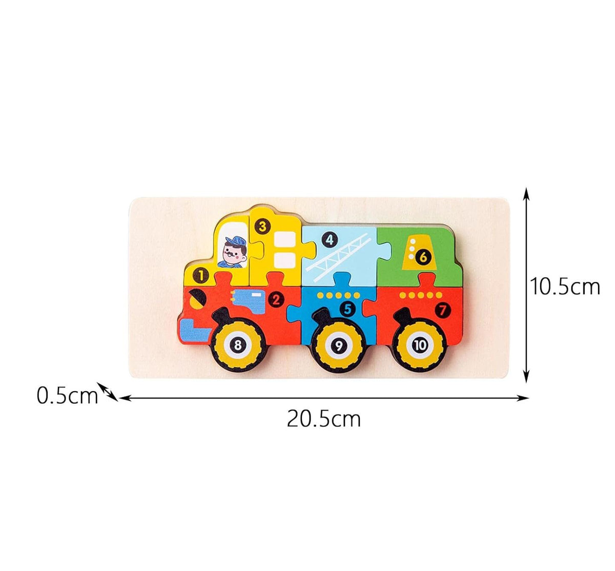 Puzzle din Lemn 3D Montessori, Jucarie Educativa Dezvoltare Motricitate si Logica, Lemn Natural cu Vopsea Ecologica, Model Vehicul Constructii, 11 Piese, 0-3 Ani, Multicolor