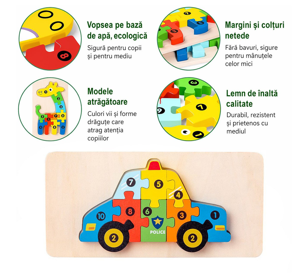 Puzzle din Lemn 3D Montessori, Jucarie Educativa si Senzoriala pentru Dezvoltarea Motricitatii, Model Masina de Politie, Vopsea Ecologica, 11 Piese, 0-3 Ani, Multicolor