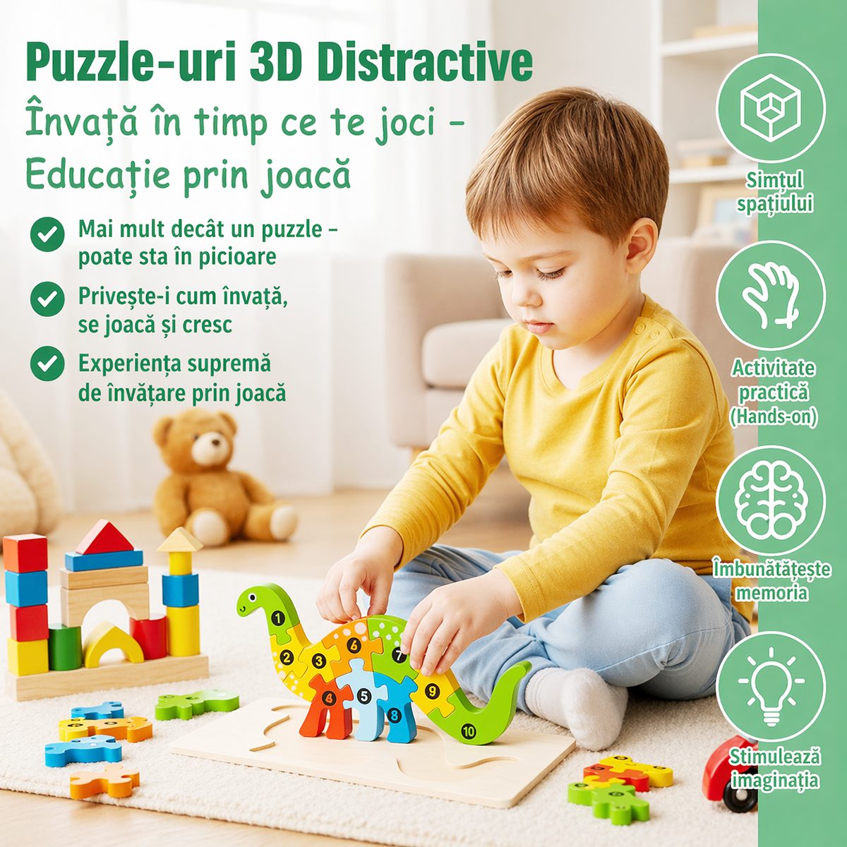 Puzzle din Lemn 3D Montessori, Jucarie Educativa si Interactiva pentru Copii 0-3 Ani, Dezvolta Motricitatea si Logica, Material Ecologic, 11 Piese, Model Crocodil, Multicolor