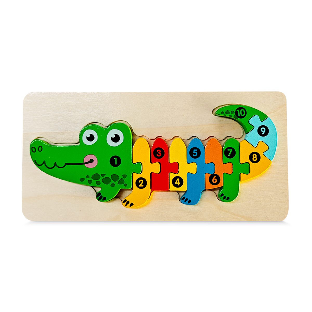 Puzzle din Lemn 3D Montessori, Jucarie Educativa si Interactiva pentru Copii 0-3 Ani, Dezvolta Motricitatea si Logica, Material Ecologic, 11 Piese, Model Crocodil, Multicolor
