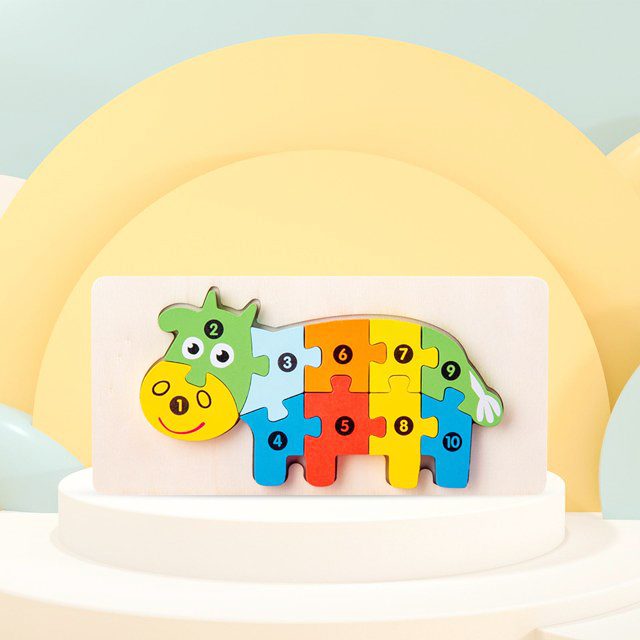 Puzzle din Lemn 3D Montessori, Jucarie Educativa si Senzoriala pentru Bebelusi, Dezvolta Motricitatea, Lemn Natural, 11 Piese, Model Vacuta, Multicolor, 0-3 Ani