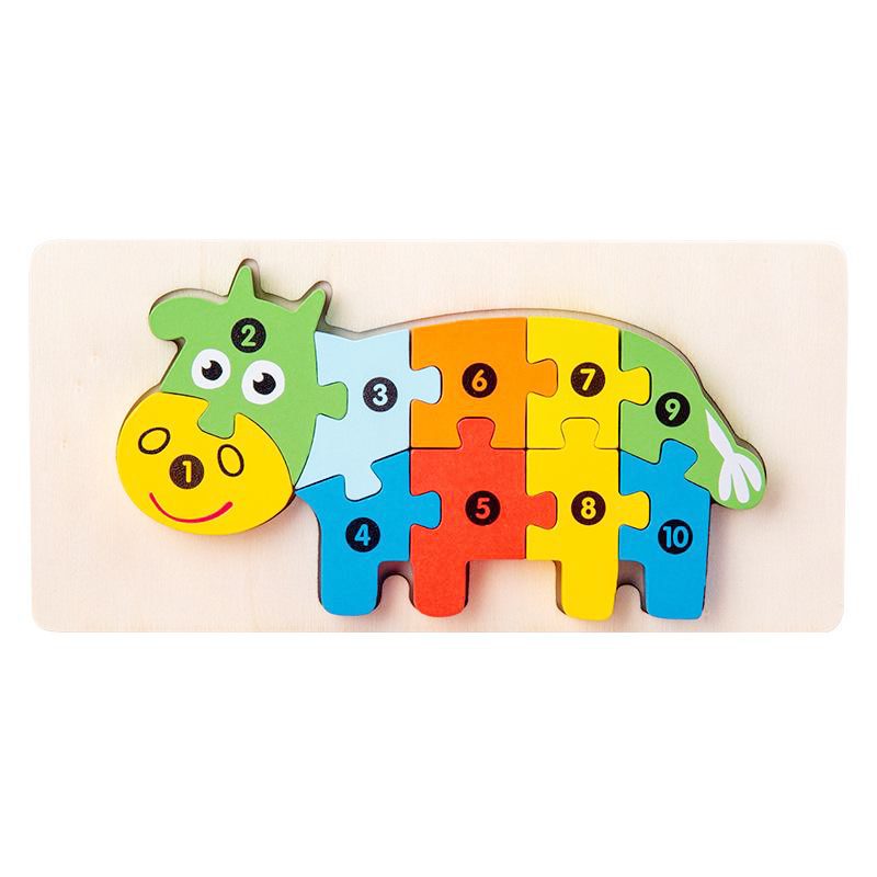 Puzzle din Lemn 3D Montessori, Jucarie Educativa si Senzoriala pentru Bebelusi, Dezvolta Motricitatea, Lemn Natural, 11 Piese, Model Vacuta, Multicolor, 0-3 Ani