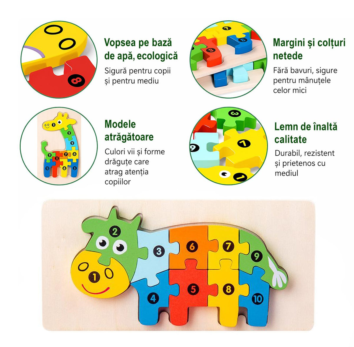 Puzzle din Lemn 3D Montessori, Jucarie Educativa si Senzoriala pentru Bebelusi, Dezvolta Motricitatea, Lemn Natural, 11 Piese, Model Vacuta, Multicolor, 0-3 Ani