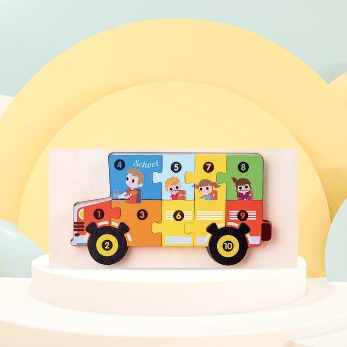 Puzzle din Lemn 3D Montessori, Jucarie Educativa si Interactiva pentru Bebelusi si Copii 0-3 Ani, Dezvolta Motricitatea si Logica, Lemn Natural, 11 Piese, Model Autobuz Scolar, Multicolor