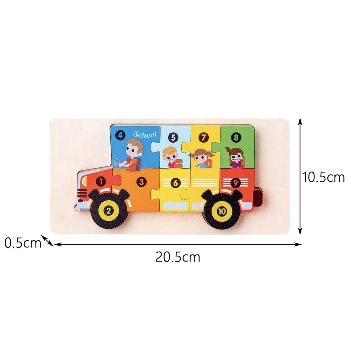 Puzzle din Lemn 3D Montessori, Jucarie Educativa si Interactiva pentru Bebelusi si Copii 0-3 Ani, Dezvolta Motricitatea si Logica, Lemn Natural, 11 Piese, Model Autobuz Scolar, Multicolor
