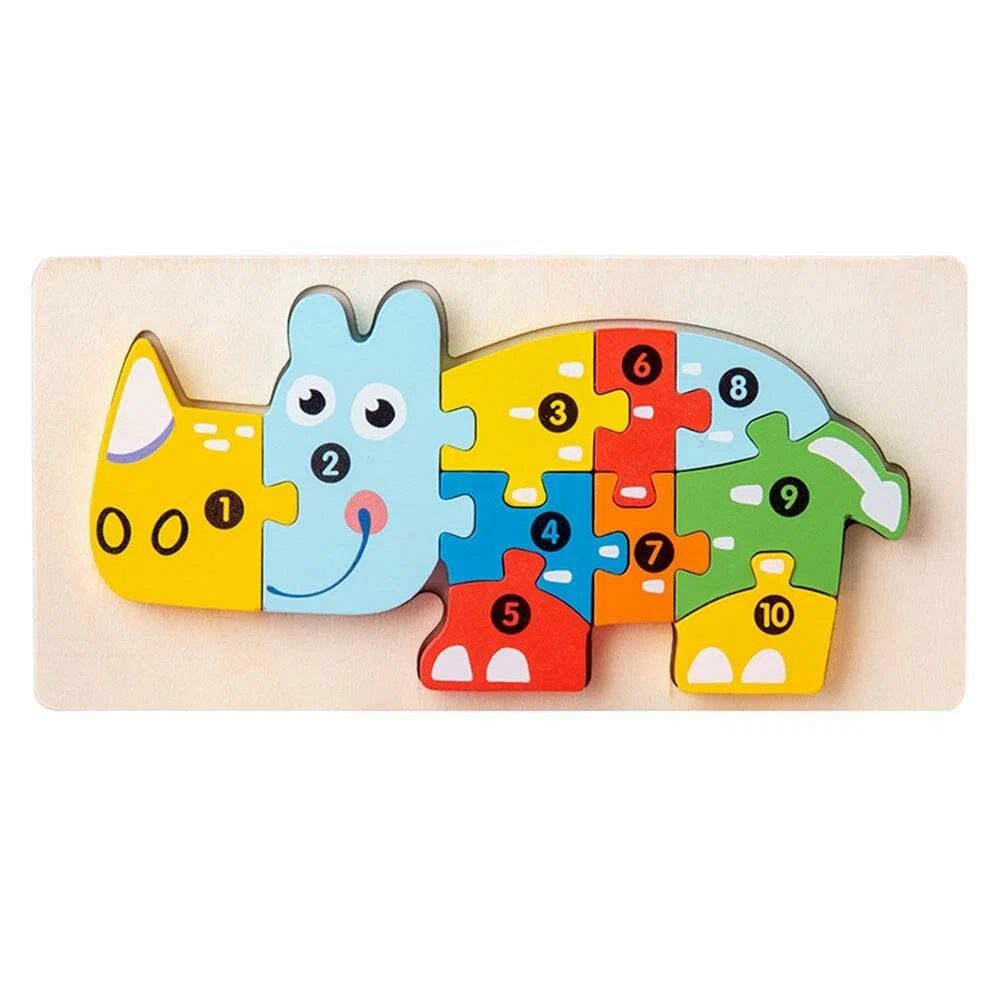Puzzle Montessori din Lemn 3D, Jucarie Educativa pentru Dezvoltarea Motricitatii, Vopsea Ecologica, Model Rinocer, Multicolor, 11 Piese, 0-3 Ani