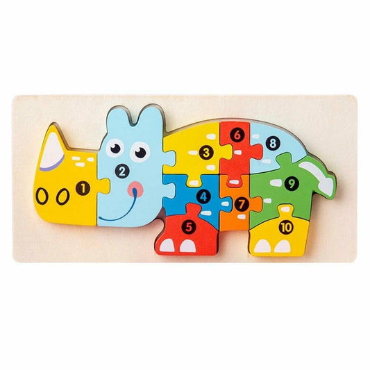 Puzzle Montessori din Lemn 3D, Jucarie Educativa pentru Dezvoltarea Motricitatii, Vopsea Ecologica, Model Rinocer, Multicolor, 11 Piese, 0-3 Ani