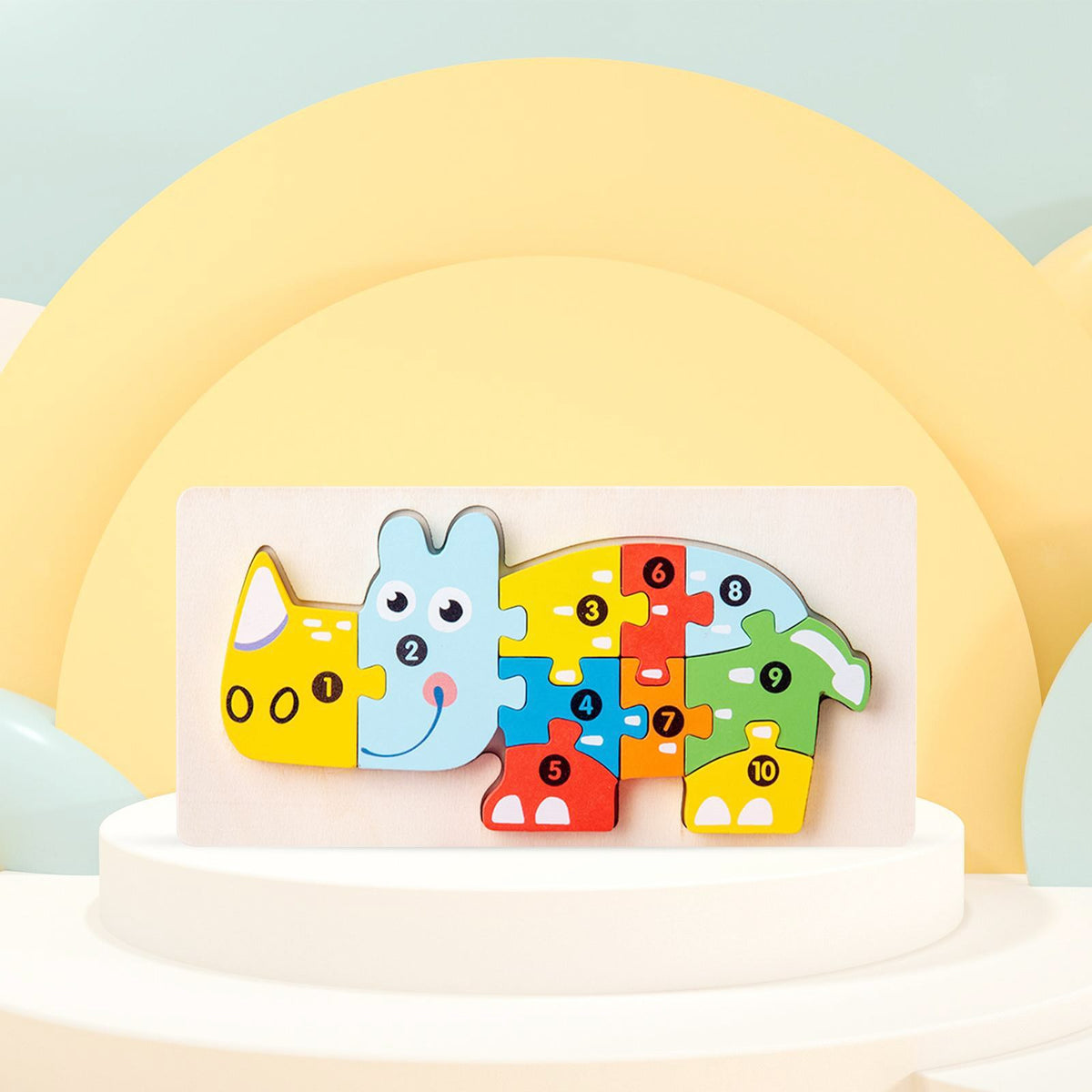 Puzzle Montessori din Lemn 3D, Jucarie Educativa pentru Dezvoltarea Motricitatii, Vopsea Ecologica, Model Rinocer, Multicolor, 11 Piese, 0-3 Ani