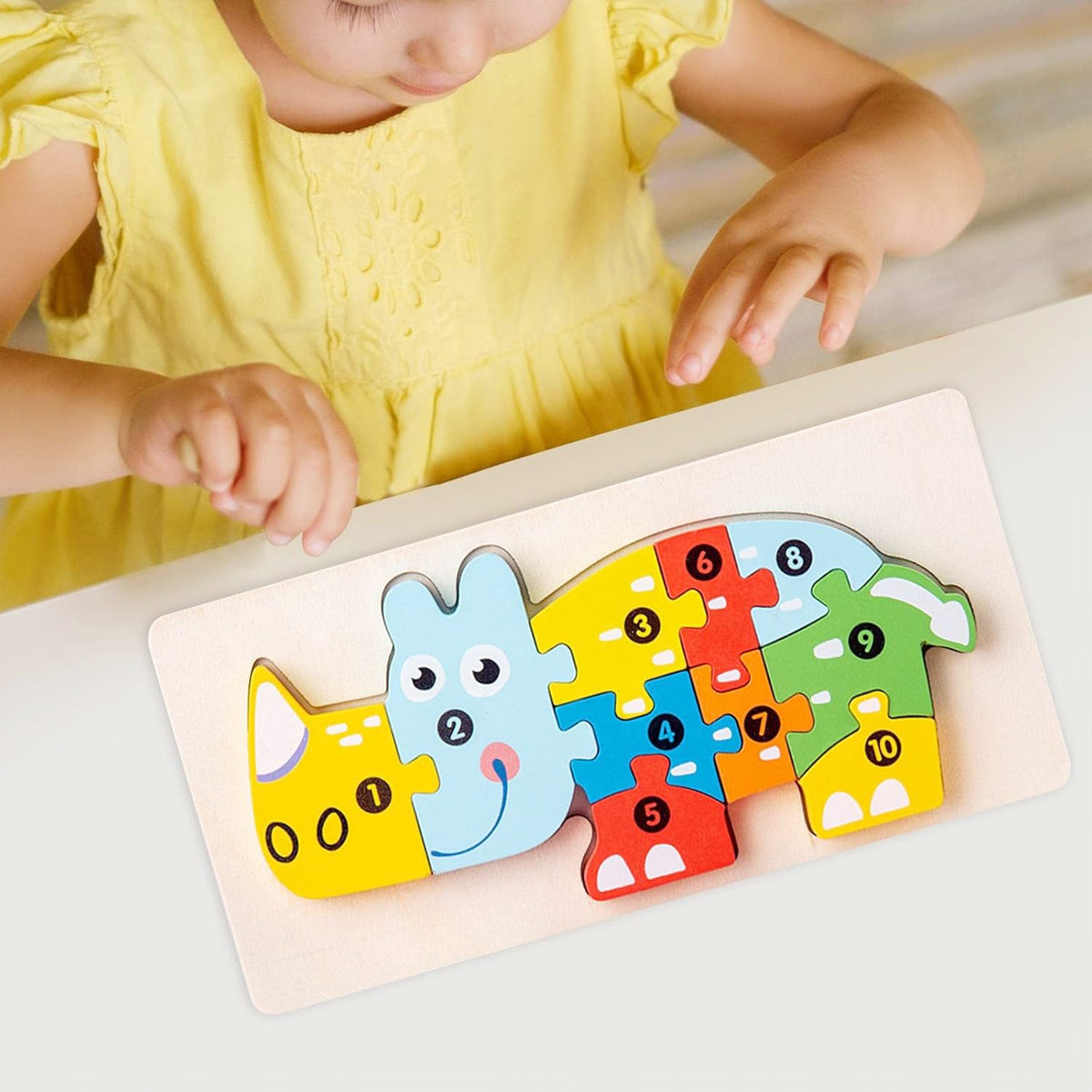 Puzzle Montessori din Lemn 3D, Jucarie Educativa pentru Dezvoltarea Motricitatii, Vopsea Ecologica, Model Rinocer, Multicolor, 11 Piese, 0-3 Ani
