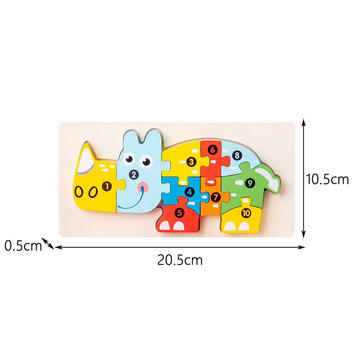 Puzzle Montessori din Lemn 3D, Jucarie Educativa pentru Dezvoltarea Motricitatii, Vopsea Ecologica, Model Rinocer, Multicolor, 11 Piese, 0-3 Ani