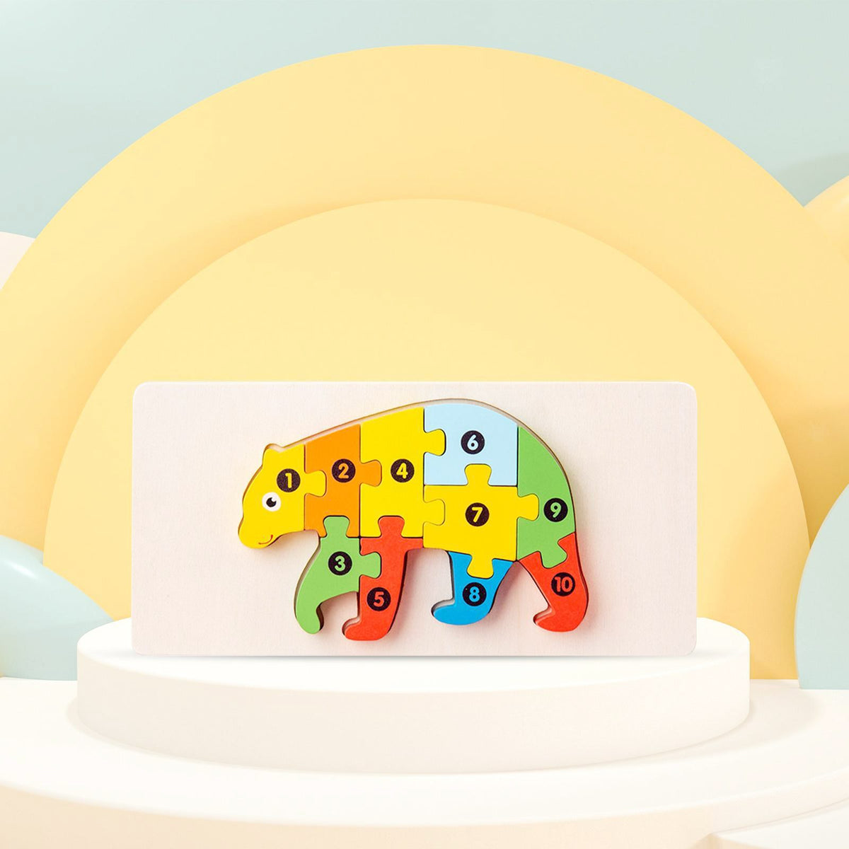 Puzzle din Lemn 3D Montessori, Jucarie Educativa pentru Dezvoltarea Motricitatii, Vopsea Ecologica, 11 Piese, Model Urs, Multicolor