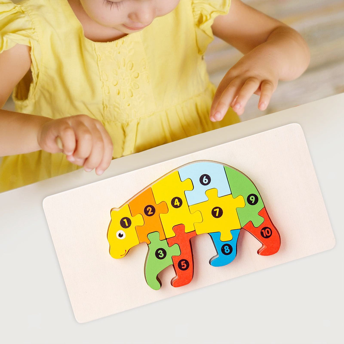 Puzzle din Lemn 3D Montessori, Jucarie Educativa pentru Dezvoltarea Motricitatii, Vopsea Ecologica, 11 Piese, Model Urs, Multicolor