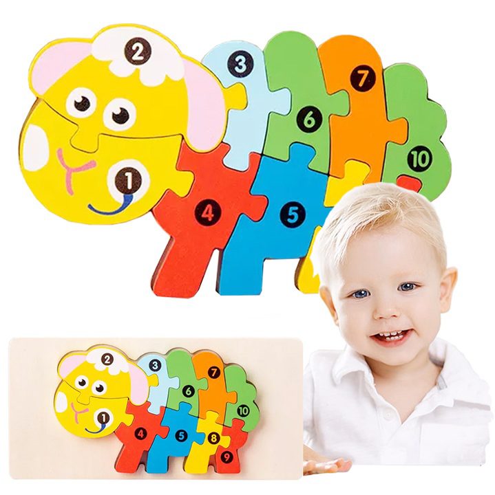 Puzzle din Lemn 3D Montessori, Jucarie Educativa pentru Motricitate Fina si Logica, Vopsea Ecologica, 11 Piese, Model Oaie, Multicolor, 0-3 Ani