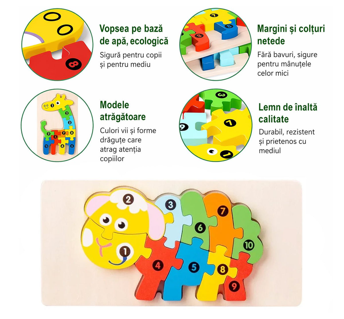 Puzzle din Lemn 3D Montessori, Jucarie Educativa pentru Motricitate Fina si Logica, Vopsea Ecologica, 11 Piese, Model Oaie, Multicolor, 0-3 Ani