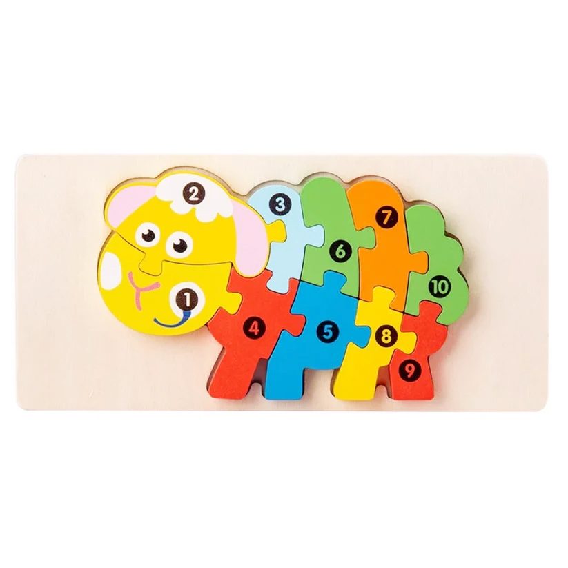 Puzzle din Lemn 3D Montessori, Jucarie Educativa pentru Motricitate Fina si Logica, Vopsea Ecologica, 11 Piese, Model Oaie, Multicolor, 0-3 Ani