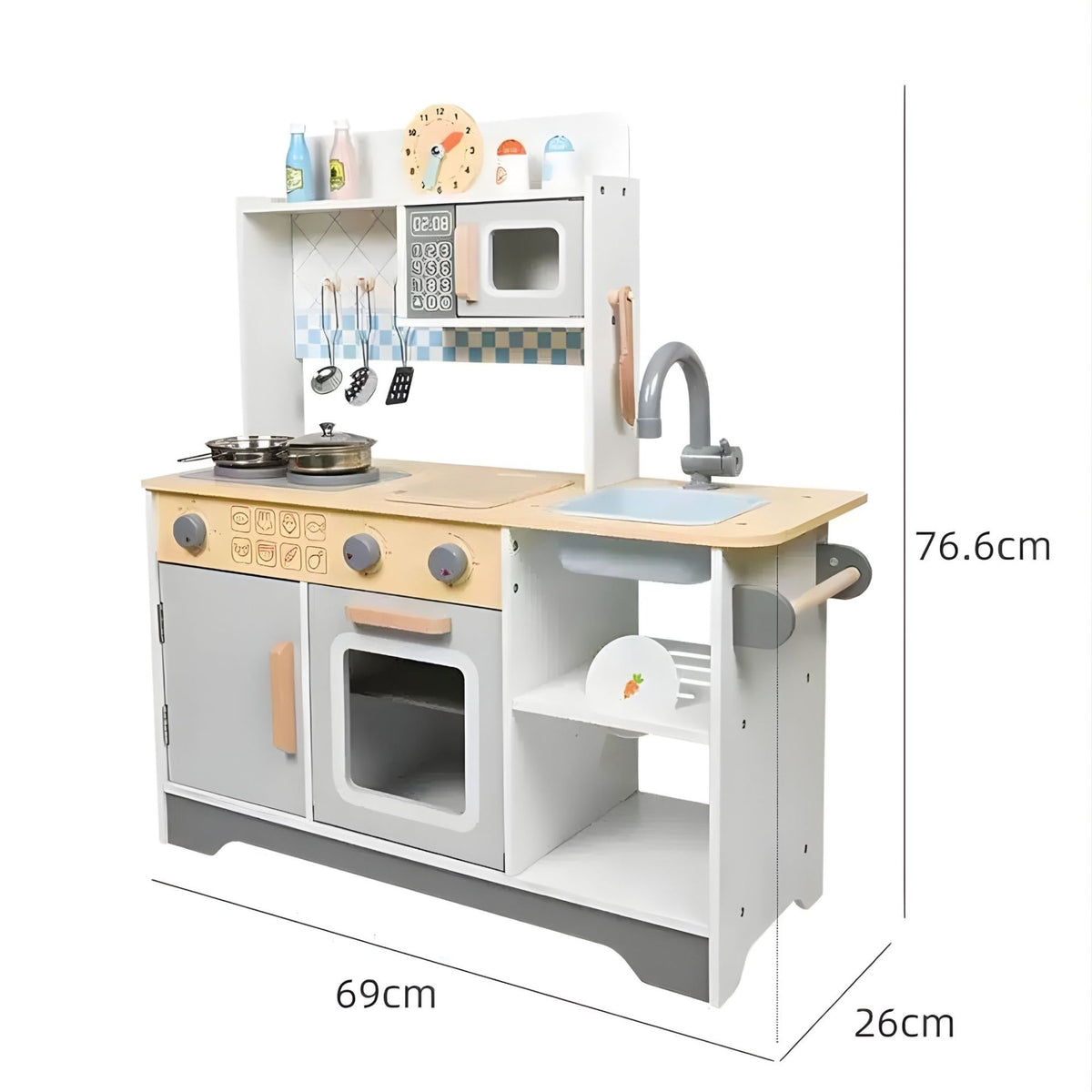 Bucatarie din Lemn pentru Copii, Stil Montessori cu Plita si Cuptor, Set Complet cu 12 Accesorii Metalice, Lemn Masiv si MDF, 76.6 x 69 cm, Gri/Alb/Natur