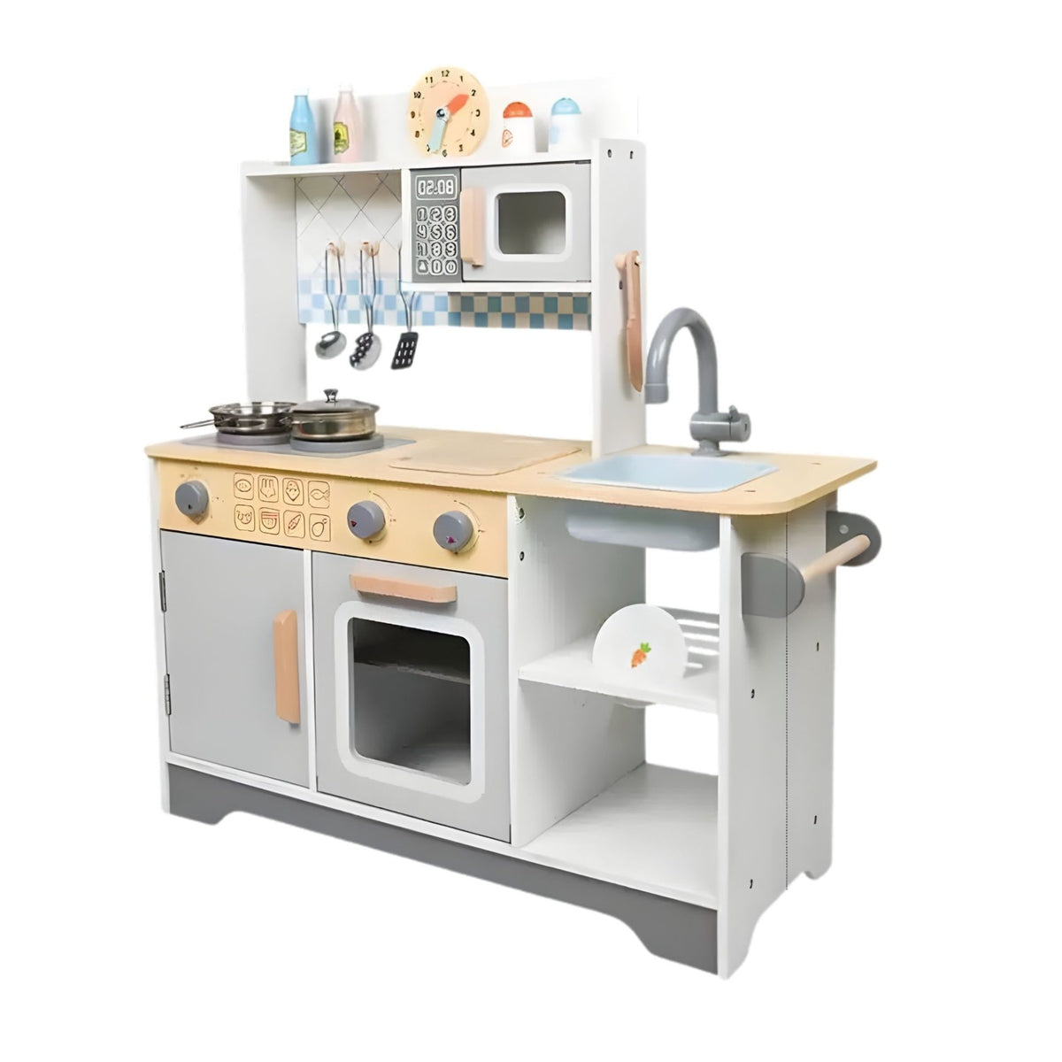 Bucatarie din Lemn pentru Copii, Stil Montessori cu Plita si Cuptor, Set Complet cu 12 Accesorii Metalice, Lemn Masiv si MDF, 76.6 x 69 cm, Gri/Alb/Natur