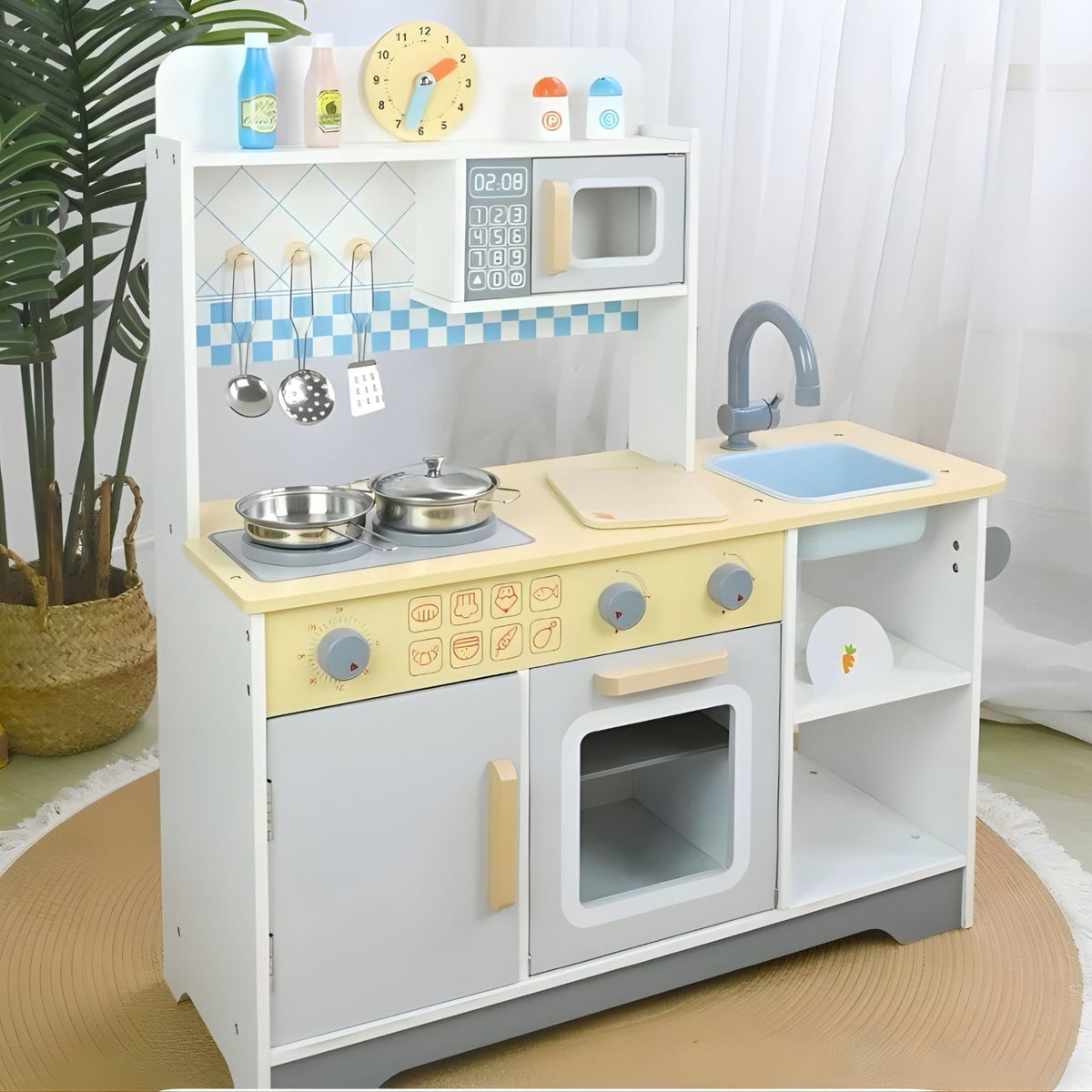 Bucatarie din Lemn pentru Copii, Stil Montessori cu Plita si Cuptor, Set Complet cu 12 Accesorii Metalice, Lemn Masiv si MDF, 76.6 x 69 cm, Gri/Alb/Natur