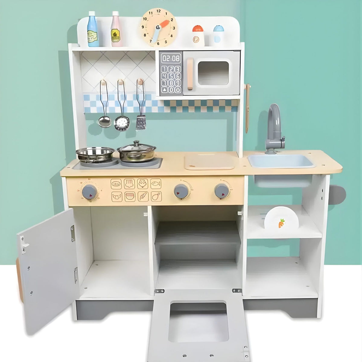 Bucatarie din Lemn pentru Copii, Stil Montessori cu Plita si Cuptor, Set Complet cu 12 Accesorii Metalice, Lemn Masiv si MDF, 76.6 x 69 cm, Gri/Alb/Natur