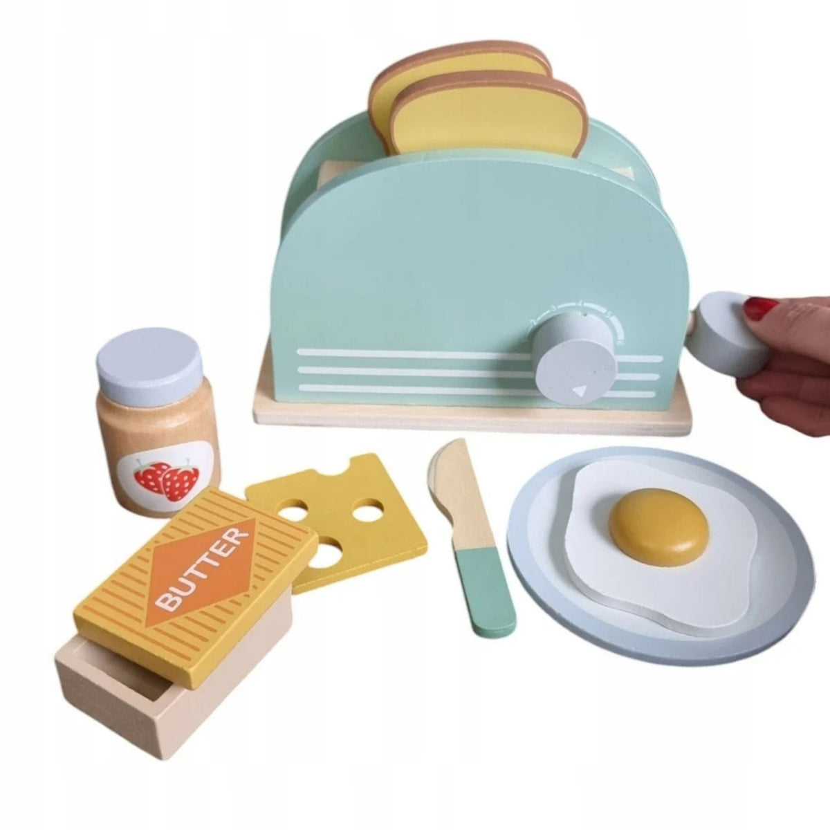 Jucarie Educativa Montessori, Set de Joaca Toaster Interactiv cu Accesorii pentru Micul Dejun, Lemn Natural, 3 Ani+, Multicolor, 10 Piese