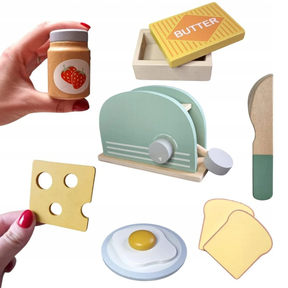Jucarie Educativa Montessori, Set de Joaca Toaster Interactiv cu Accesorii pentru Micul Dejun, Lemn Natural, 3 Ani+, Multicolor, 10 Piese