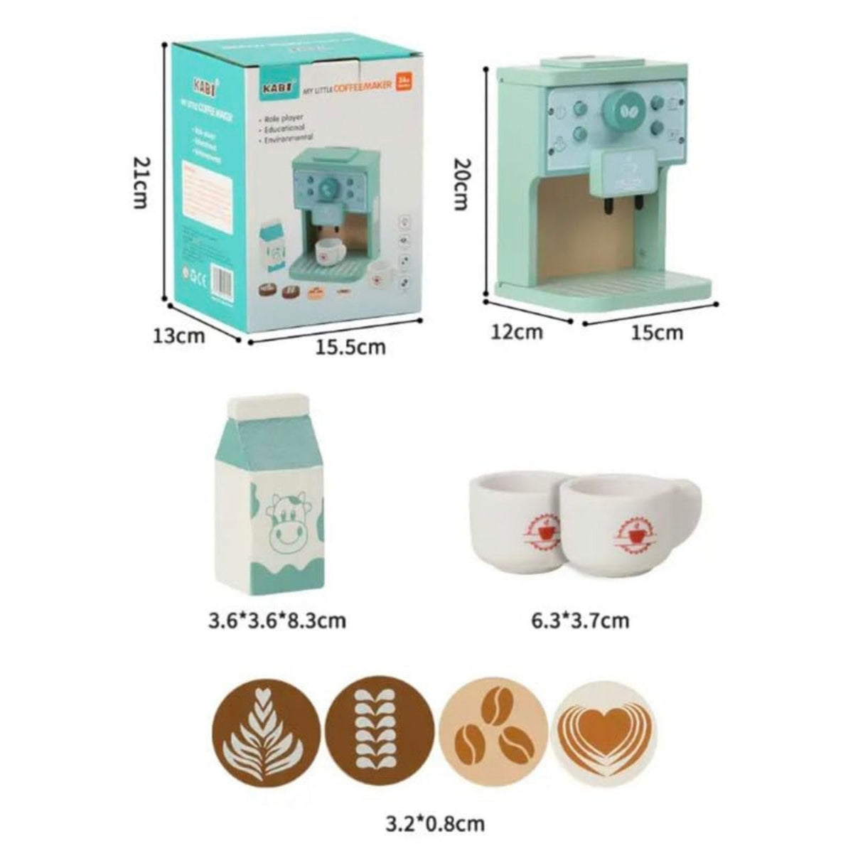 Jucarie Educativa Montessori Aparat de Cafea Interactiv, Set Micul Barista cu Capsule si Accesorii, Lemn si MDF, Multicolor, 9 Piese