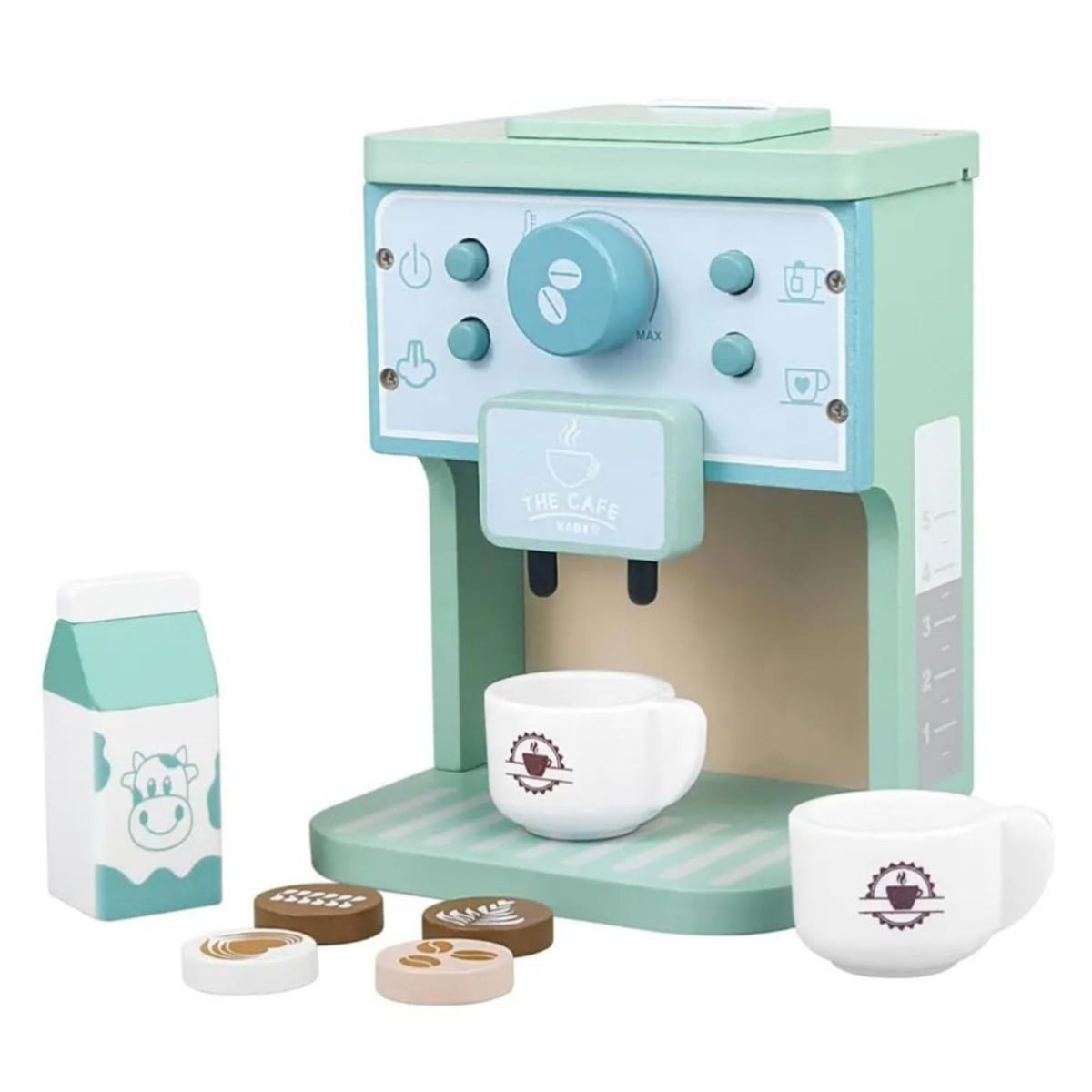 Jucarie Educativa Montessori Aparat de Cafea Interactiv, Set Micul Barista cu Capsule si Accesorii, Lemn si MDF, Multicolor, 9 Piese
