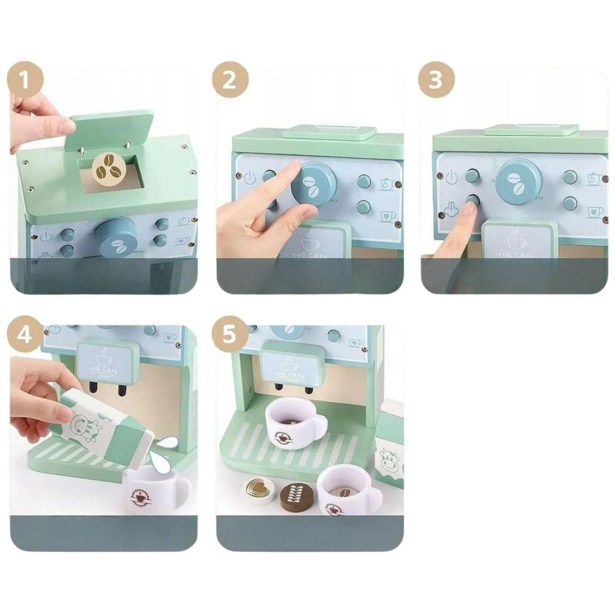 Jucarie Educativa Montessori Aparat de Cafea Interactiv, Set Micul Barista cu Capsule si Accesorii, Lemn si MDF, Multicolor, 9 Piese