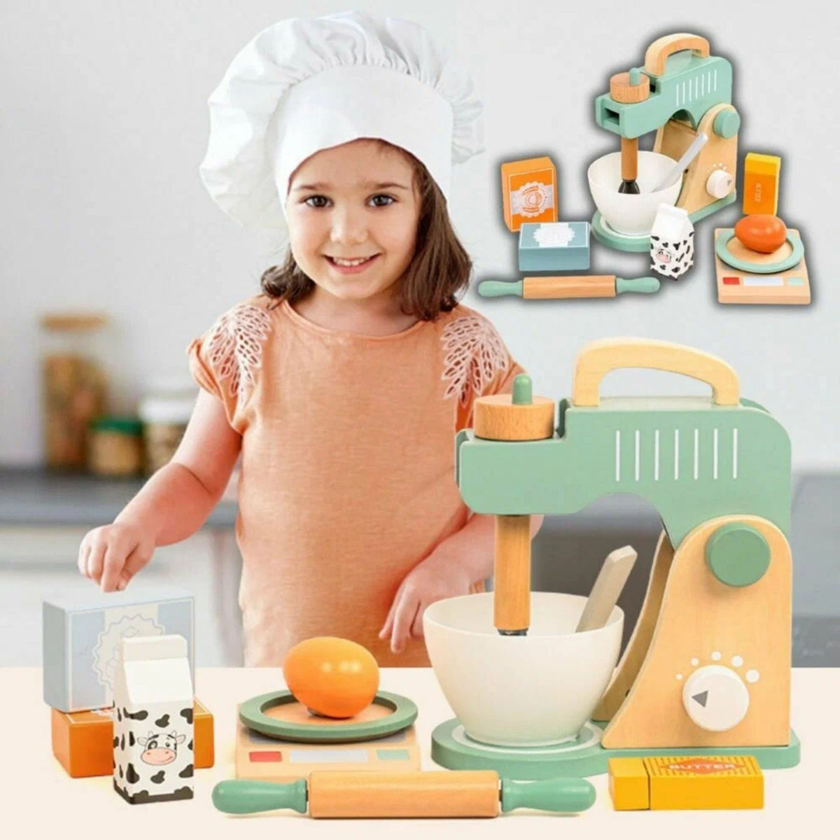 Aparat de Cafea din Lemn, Jucarie Montessori Educativa pentru Joc de Rol, Set Barista Interactiv cu Capsule si Accesorii, Lemn Masiv, 3 ani+, Multicolor, 0.9 kg