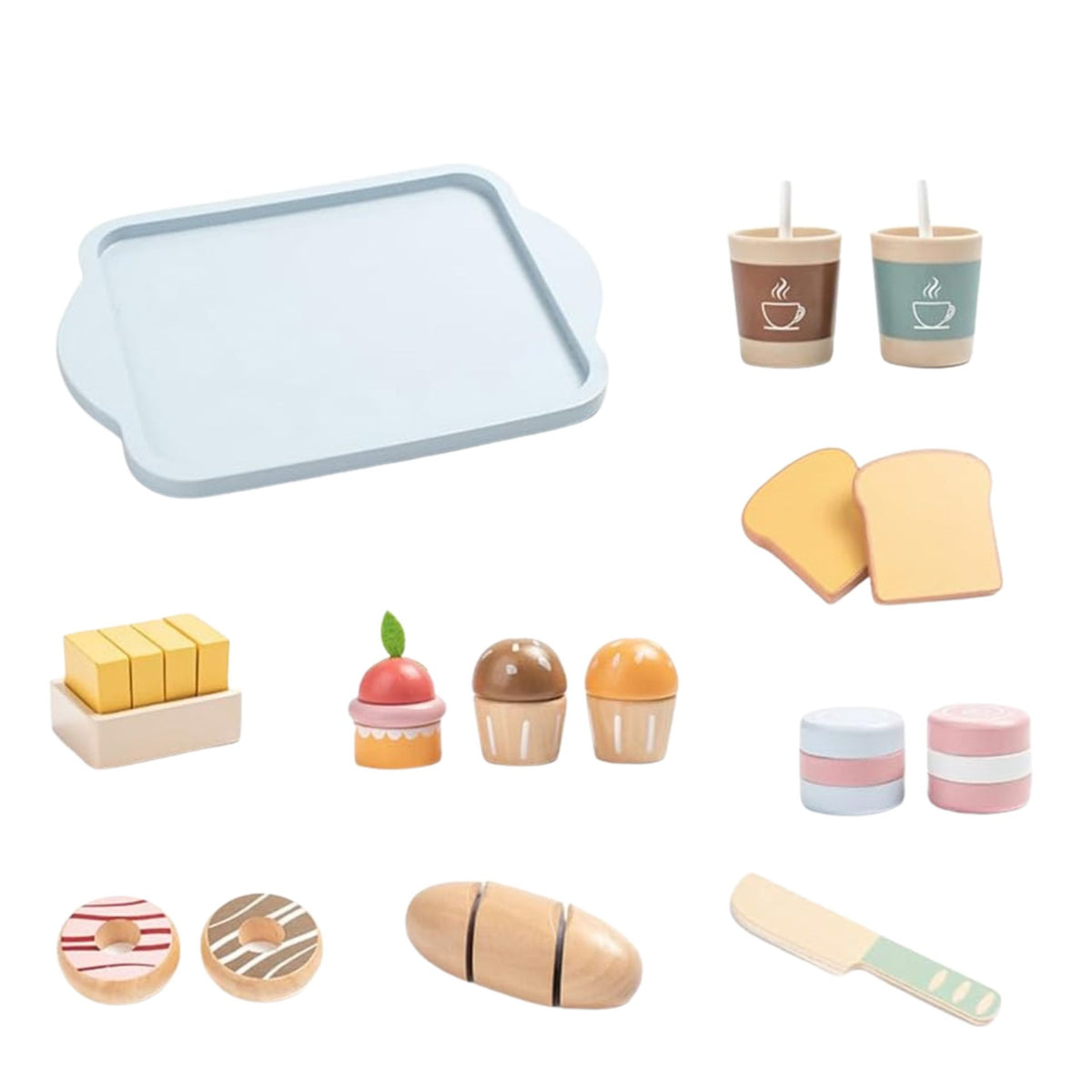 Set Mic Dejun Montessori Enjoy My Breakfast, Jucarie Educativa Interactiva cu Accesorii de Taiat cu Scai, Lemn Natural, 15 Piese, 3 Ani+, Multicolor