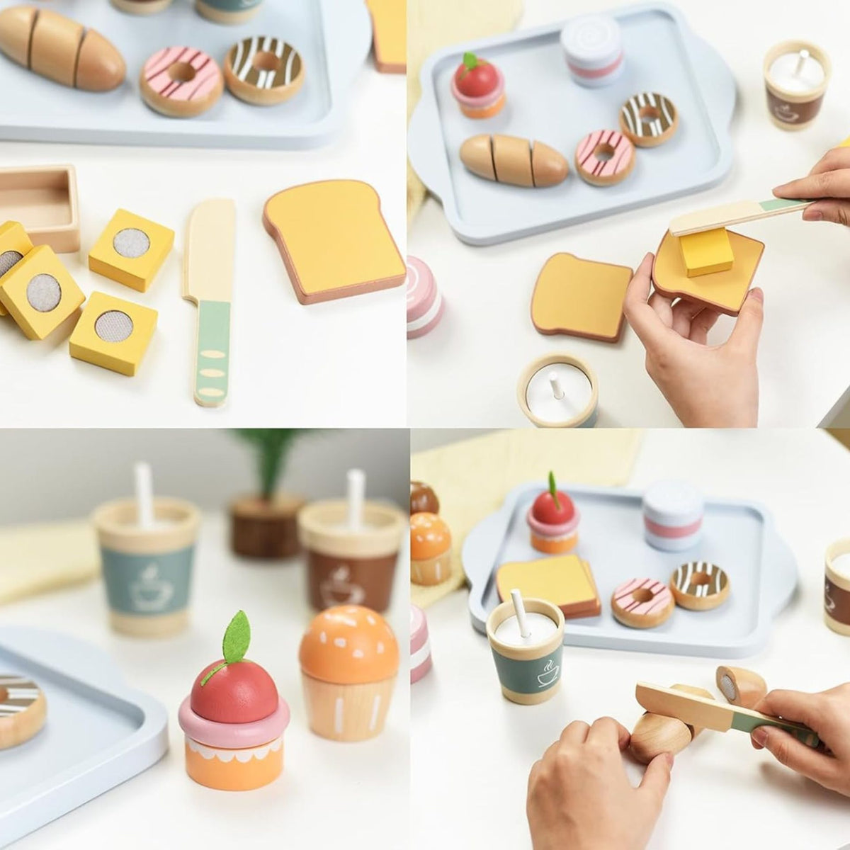 Set Mic Dejun Montessori Enjoy My Breakfast, Jucarie Educativa Interactiva cu Accesorii de Taiat cu Scai, Lemn Natural, 15 Piese, 3 Ani+, Multicolor