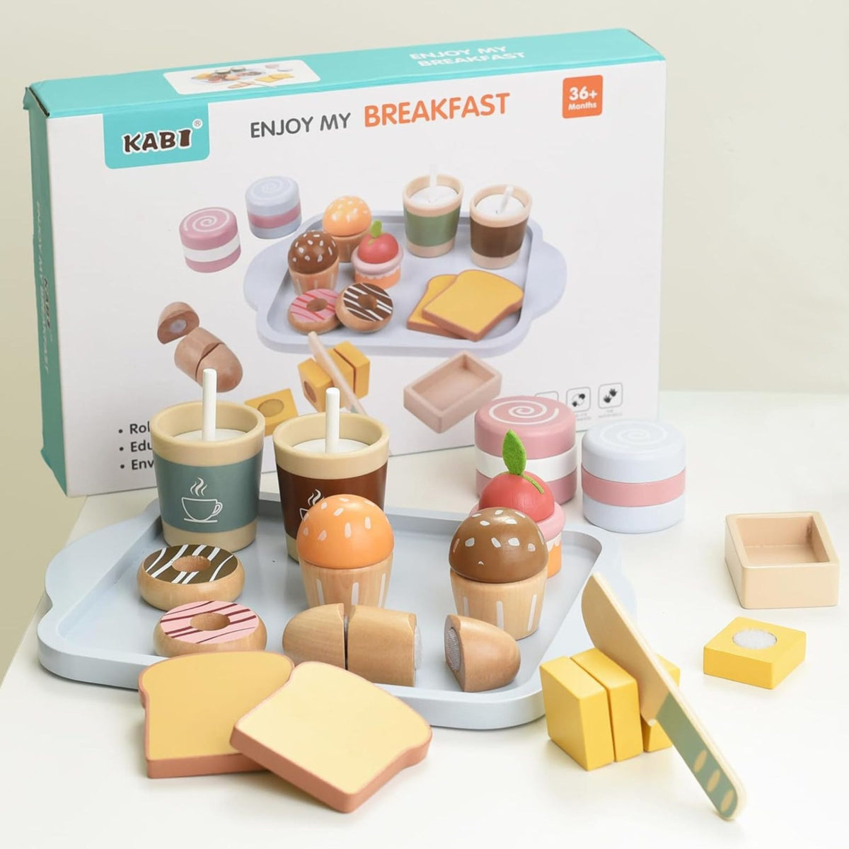 Set Mic Dejun Montessori Enjoy My Breakfast, Jucarie Educativa Interactiva cu Accesorii de Taiat cu Scai, Lemn Natural, 15 Piese, 3 Ani+, Multicolor