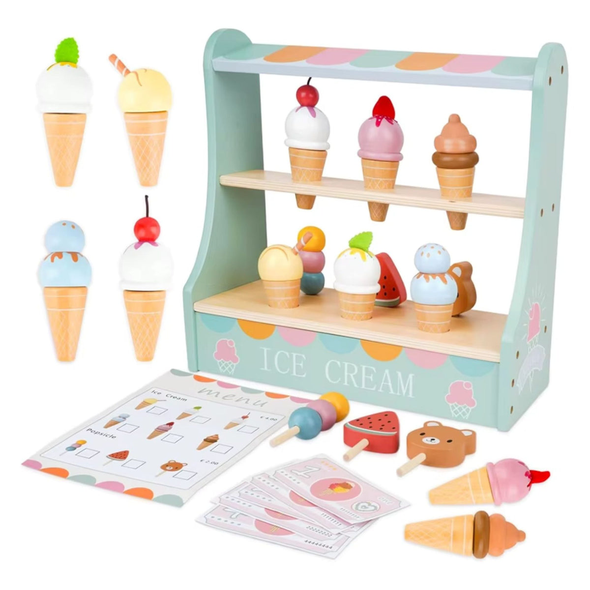 Stand de Inghetata Jucarie Educativa Montessori, Set Interactiv cu 25 Accesorii si Bani de Jucarie, Lemn Masiv, 30x30 cm, 3 Ani+, Multicolor