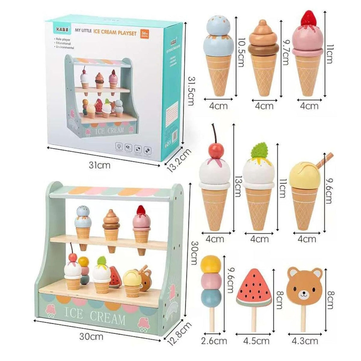 Stand de Inghetata Jucarie Educativa Montessori, Set Interactiv cu 25 Accesorii si Bani de Jucarie, Lemn Masiv, 30x30 cm, 3 Ani+, Multicolor