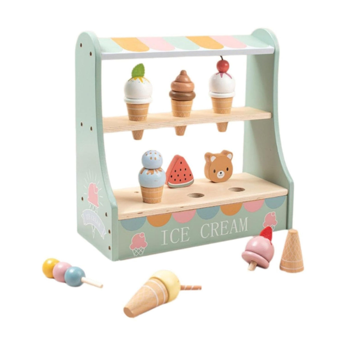 Stand de Inghetata Jucarie Educativa Montessori, Set Interactiv cu 25 Accesorii si Bani de Jucarie, Lemn Masiv, 30x30 cm, 3 Ani+, Multicolor