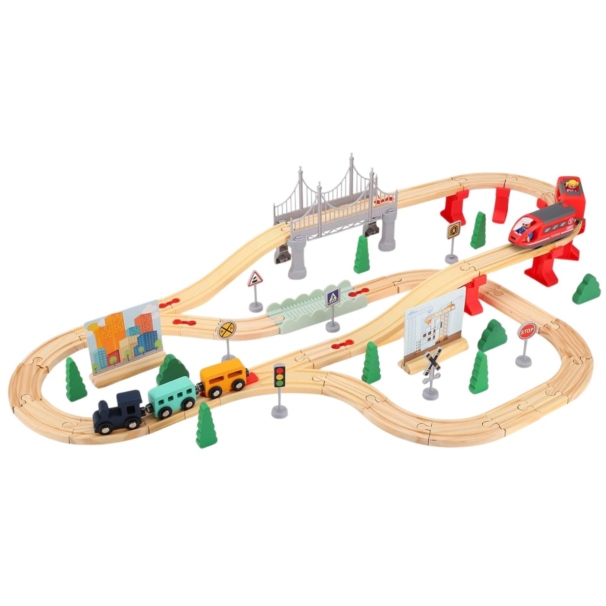 Set Circuit Trenulet din Lemn cu Locomotiva Electrica, Traseu Feroviar cu Pod si Accesorii Oras, Jucarie Montessori Educativa, Lemn de Fag si Magneti, 72 Piese, Multicolor