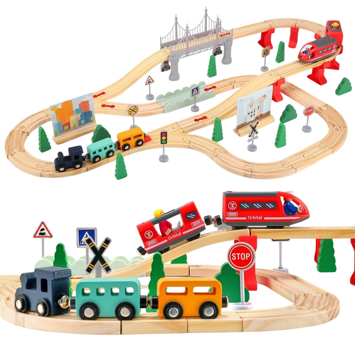 Set Circuit Trenulet din Lemn cu Locomotiva Electrica, Traseu Feroviar cu Pod si Accesorii Oras, Jucarie Montessori Educativa, Lemn de Fag si Magneti, 72 Piese, Multicolor