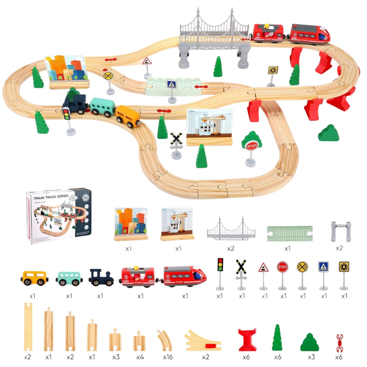 Set Circuit Trenulet din Lemn cu Locomotiva Electrica, Traseu Feroviar cu Pod si Accesorii Oras, Jucarie Montessori Educativa, Lemn de Fag si Magneti, 72 Piese, Multicolor