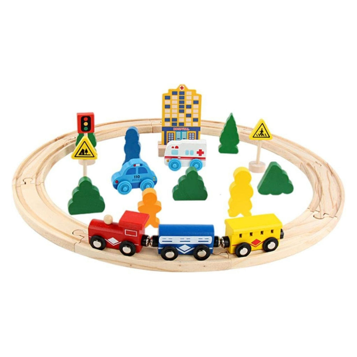 Circuit Trenulet Din Lemn Cu Locomotiva Electrica, Set Interactiv Montessori Cu Masini De Interventie Si Accesorii Oras, Lemn Natural, 26 Piese, 3 Ani+, Multicolor
