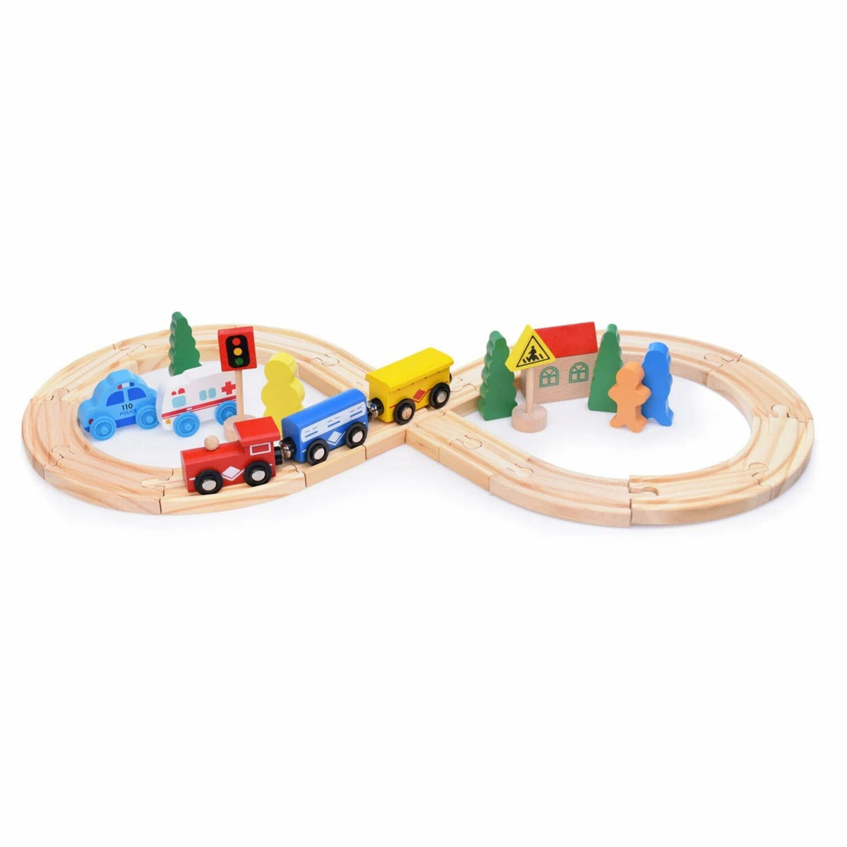 Set Circuit Trenulet din Lemn Oraselul, Trenulet Magnetic si Masini de Interventie, Jucarie Educativa Montessori, 33 Piese, Multicolor, 3 ani+