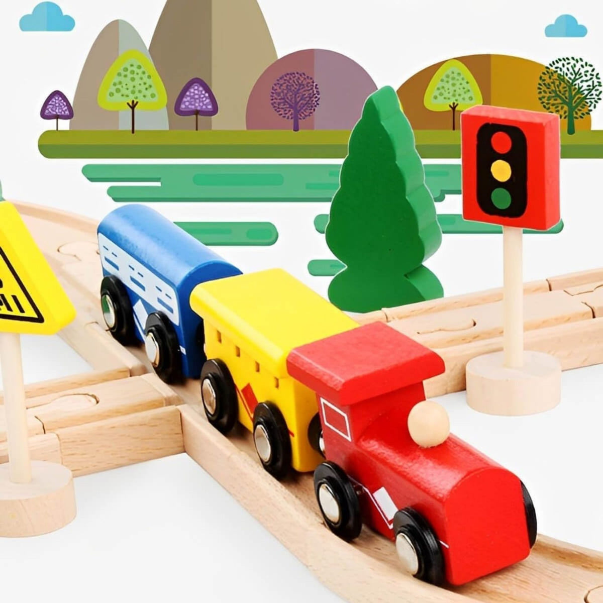 Set Circuit Trenulet din Lemn Oraselul, Trenulet Magnetic si Masini de Interventie, Jucarie Educativa Montessori, 33 Piese, Multicolor, 3 ani+