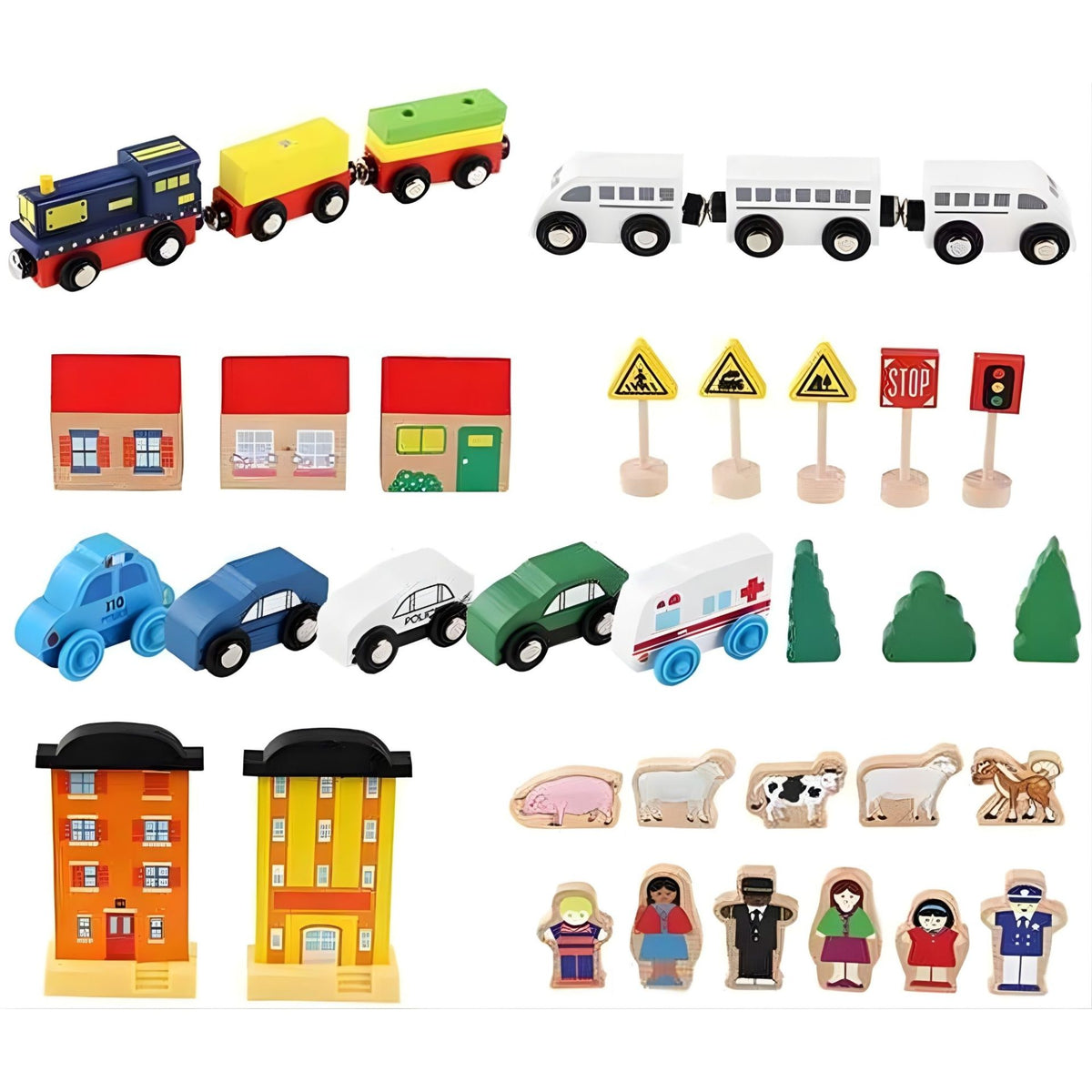 Set Circuit Trenulet din Lemn cu Locomotiva Electrica, Jucarie Educativa Montessori, Include Covoras de Joaca si Pod Suspendat, 75 Piese, 3 ani+, Multicolor