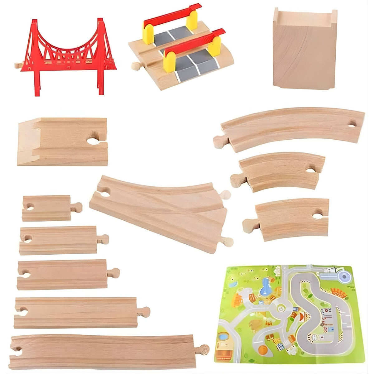 Set Circuit Trenulet din Lemn cu Locomotiva Electrica, Jucarie Educativa Montessori, Include Covoras de Joaca si Pod Suspendat, 75 Piese, 3 ani+, Multicolor